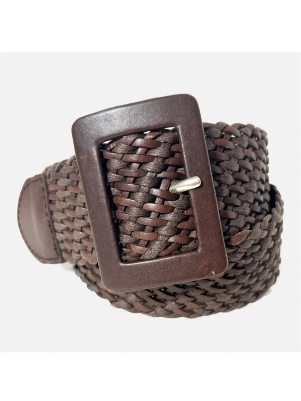 Calvin Klein Oversized Leather Covered Buckle Dark Brown Woven Leather Jute Belt